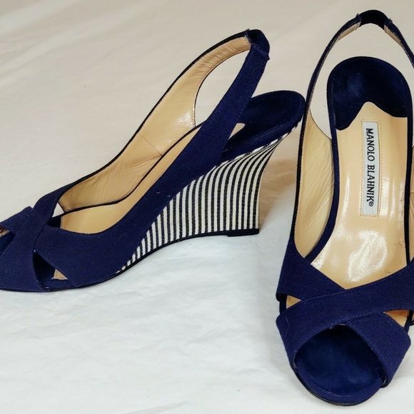 Manolo Blahnik Blue & White Suede & Canvas Slingba - Picture 1 of 6